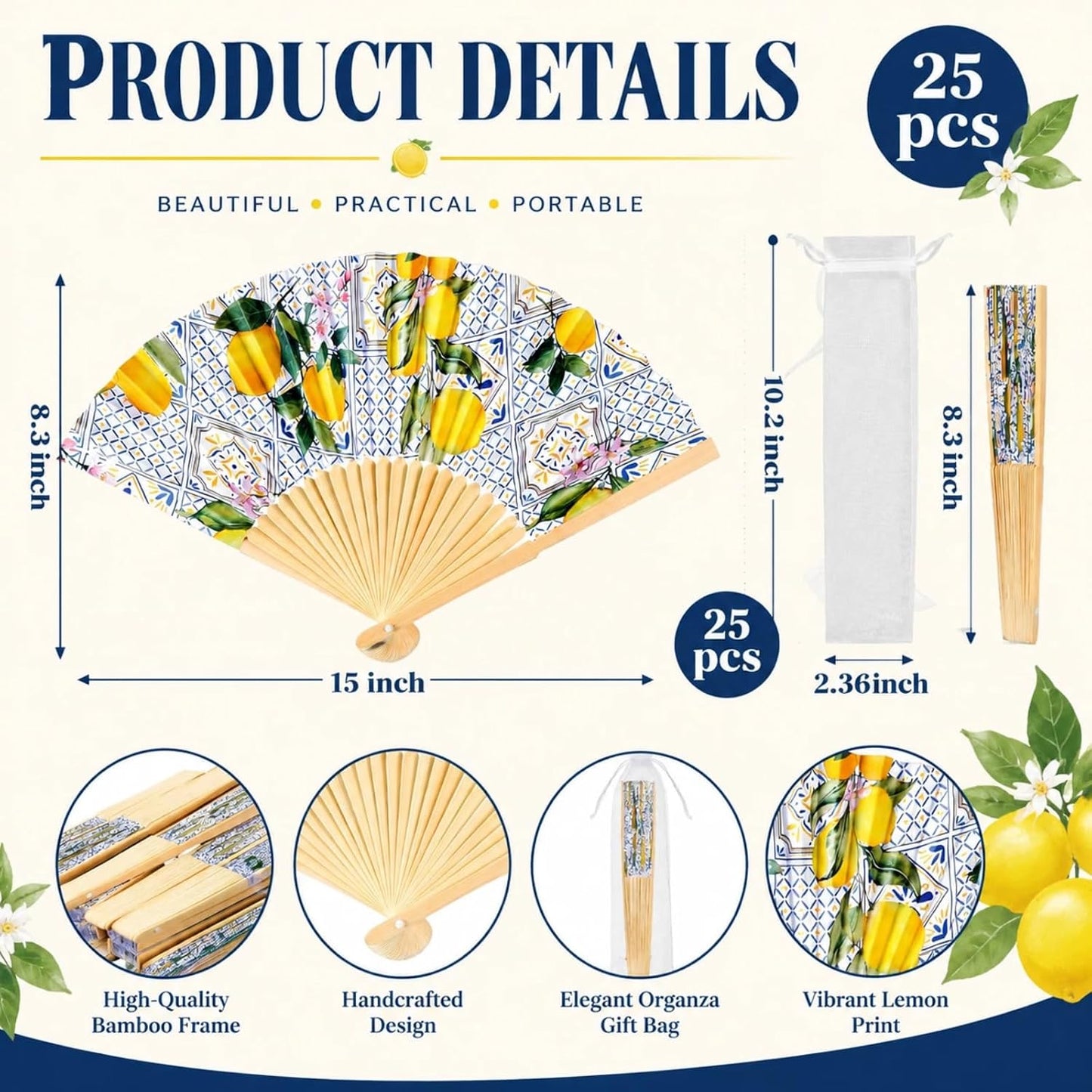 25 Sets Lemon Folding Fans with Organza Bags, Wedding Favors for Guests, Bridal Shower Decorations, Mediterranean Style, Amalfi Italian Summer Party Hand Fans for Wedding Bridesmaid Gift