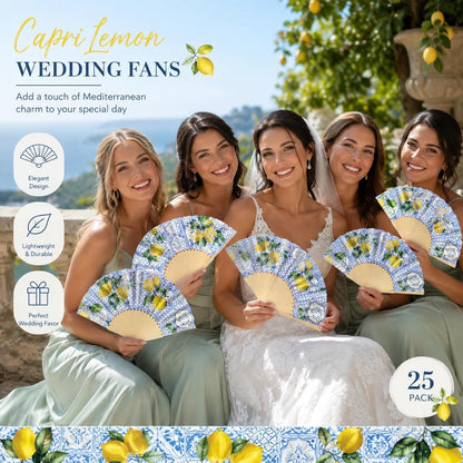 25 Sets Lemon Folding Fans with Organza Bags, Wedding Favors for Guests, Bridal Shower Decorations, Mediterranean Style, Amalfi Italian Summer Party Hand Fans for Wedding Bridesmaid Gift