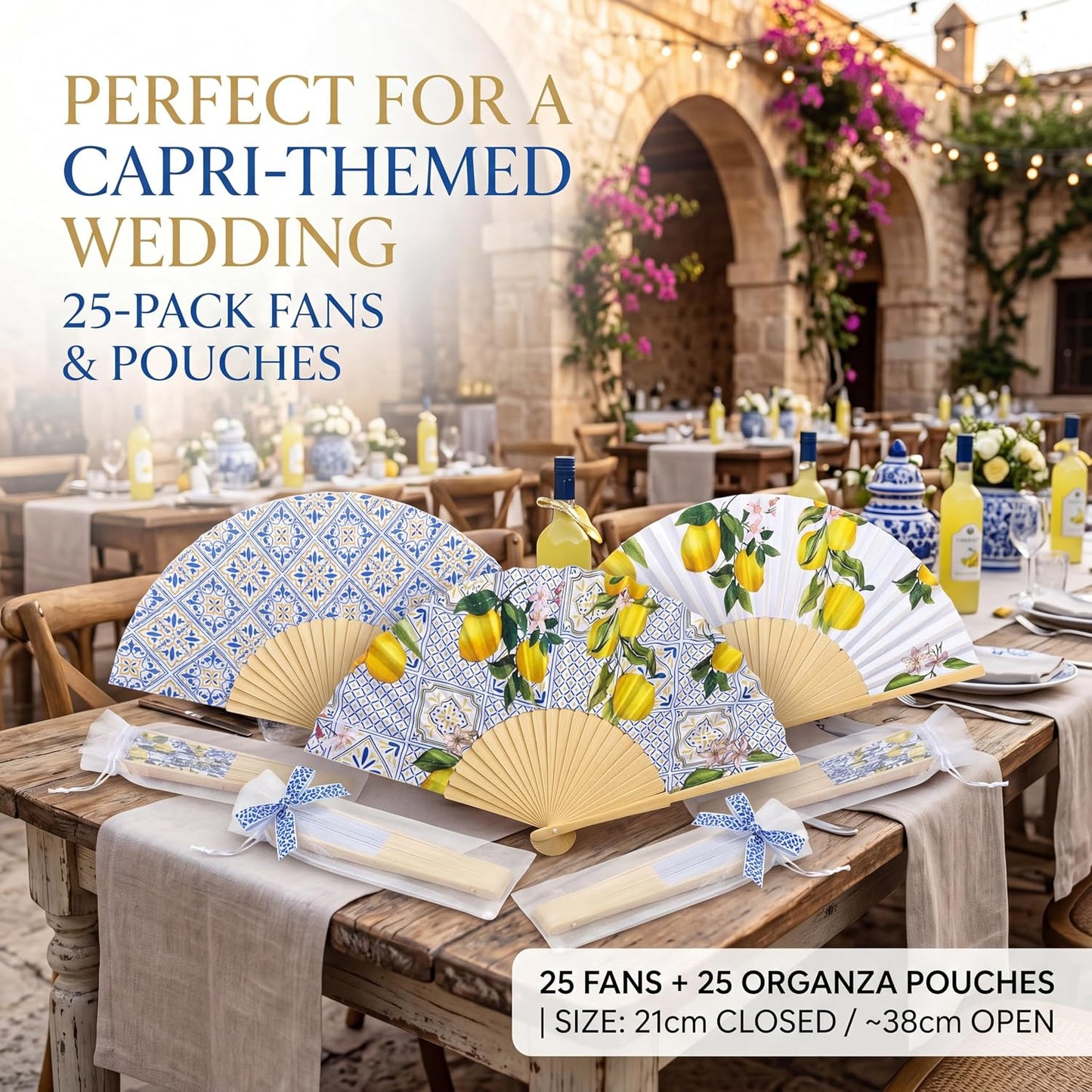 25 Sets Lemon Folding Fans with Organza Bags, Wedding Favors for Guests, Bridal Shower Decorations, Mediterranean Style, Amalfi Italian Summer Party Hand Fans for Wedding Bridesmaid Gift