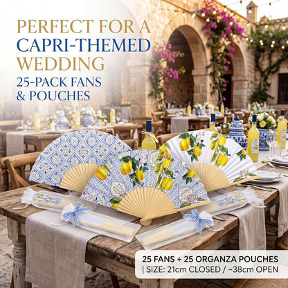25 Sets Lemon Folding Fans with Organza Bags, Wedding Favors for Guests, Bridal Shower Decorations, Mediterranean Style, Amalfi Italian Summer Party Hand Fans for Wedding Bridesmaid Gift