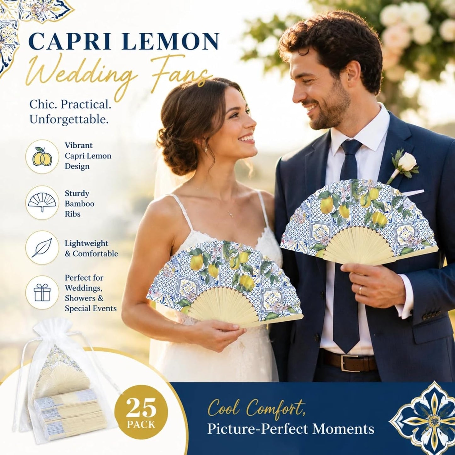 25 Sets Lemon Folding Fans with Organza Bags, Wedding Favors for Guests, Bridal Shower Decorations, Mediterranean Style, Amalfi Italian Summer Party Hand Fans for Wedding Bridesmaid Gift