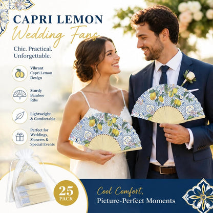 25 Sets Lemon Folding Fans with Organza Bags, Wedding Favors for Guests, Bridal Shower Decorations, Mediterranean Style, Amalfi Italian Summer Party Hand Fans for Wedding Bridesmaid Gift