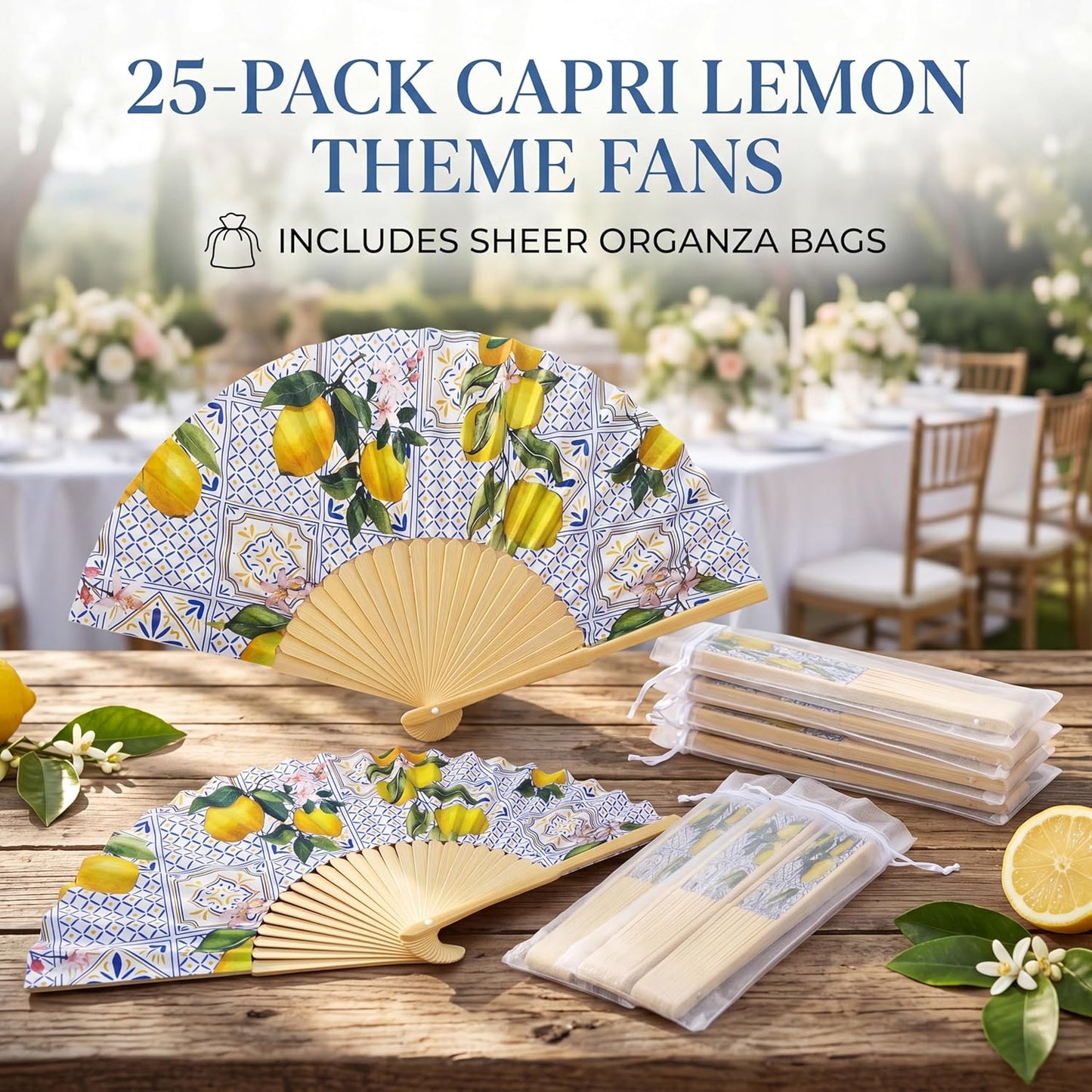 25 Sets Lemon Folding Fans with Organza Bags, Wedding Favors for Guests, Bridal Shower Decorations, Mediterranean Style, Amalfi Italian Summer Party Hand Fans for Wedding Bridesmaid Gift
