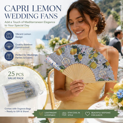 25 Sets Lemon Folding Fans with Organza Bags, Wedding Favors for Guests, Bridal Shower Decorations, Mediterranean Style, Amalfi Italian Summer Party Hand Fans for Wedding Bridesmaid Gift