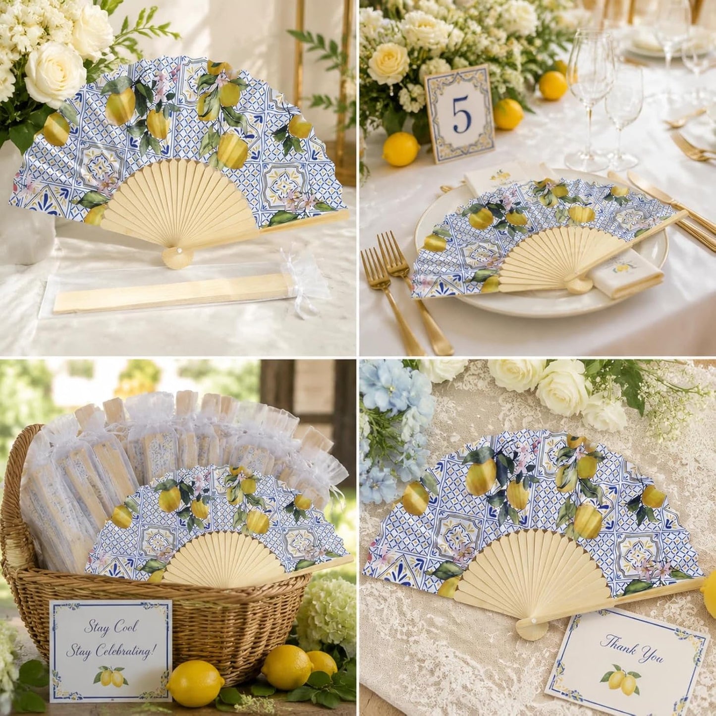 25 Sets Lemon Folding Fans with Organza Bags, Wedding Favors for Guests, Bridal Shower Decorations, Mediterranean Style, Amalfi Italian Summer Party Hand Fans for Wedding Bridesmaid Gift