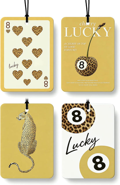 Trendy Yellow Leopard Citrus Scented Car Air Fresheners Hanging 4 Pack, Funky Preppy Cheetah Lucky Cherry 8 Ball Car Accessories Interior Decor, Girly Air Freshener for Cars Closet