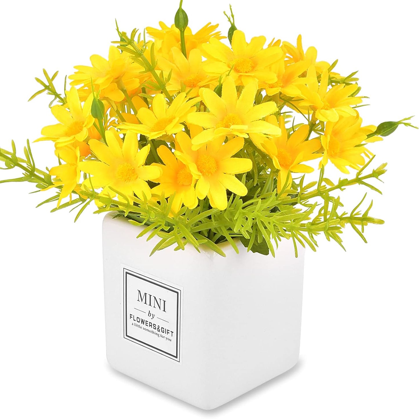 Artificial Flowers, Yellow Daisy Flower with Vase Silky Artificial Daisies Bouquet Fake Plant Bonsai for Home Office Wedding Decoration, Table Centerpieces Arrangement, Windowsill Decor