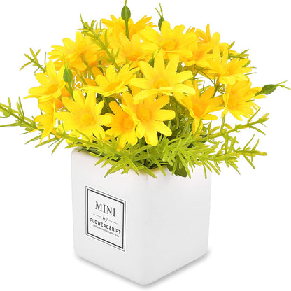 Artificial Flowers, Yellow Daisy Flower with Vase Silky Artificial Daisies Bouquet Fake Plant Bonsai for Home Office Wedding Decoration, Table Centerpieces Arrangement, Windowsill Decor