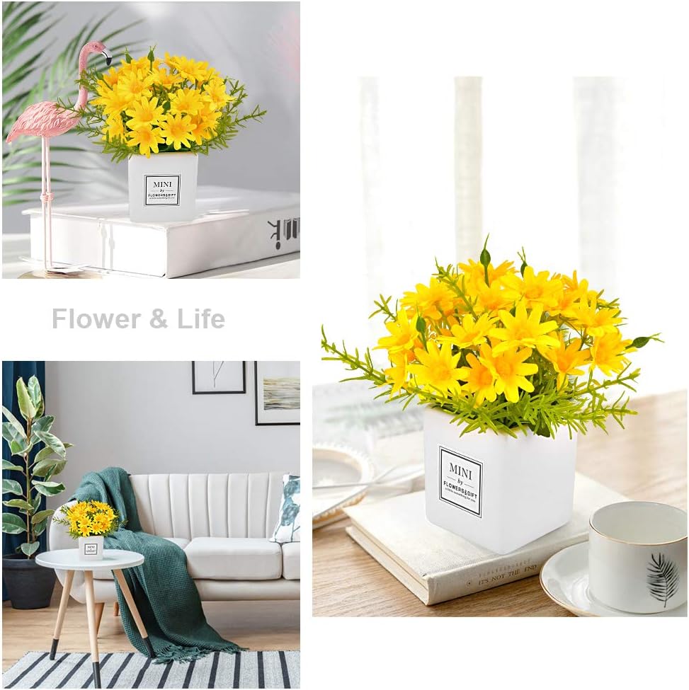 Artificial Flowers, Yellow Daisy Flower with Vase Silky Artificial Daisies Bouquet Fake Plant Bonsai for Home Office Wedding Decoration, Table Centerpieces Arrangement, Windowsill Decor