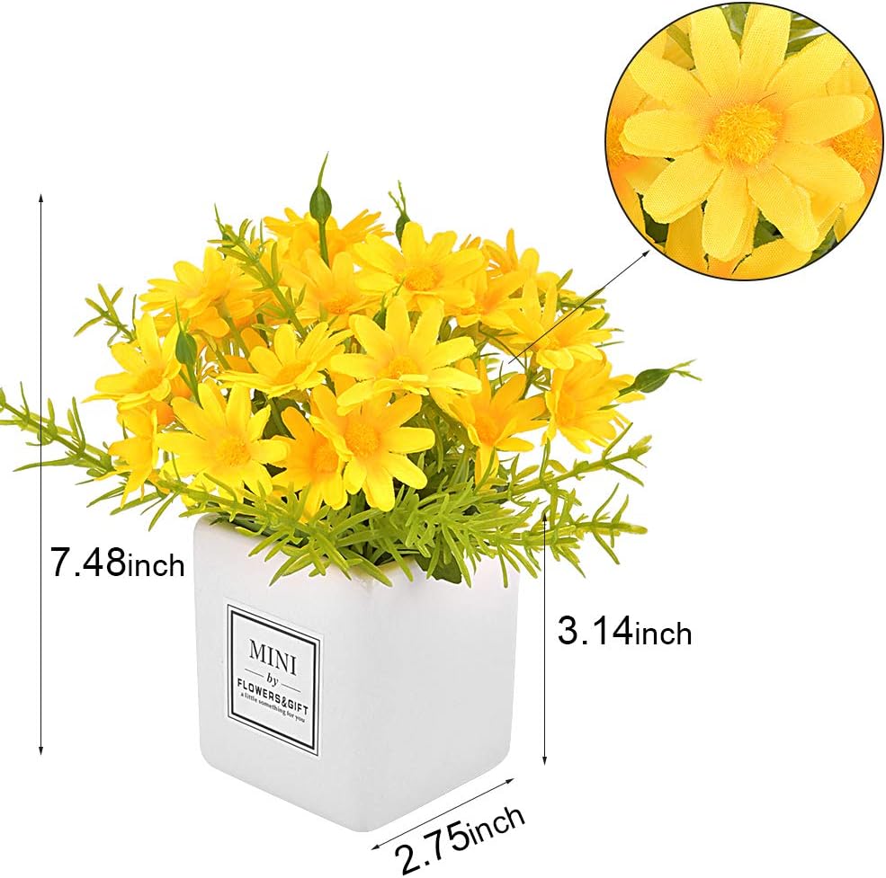 Artificial Flowers, Yellow Daisy Flower with Vase Silky Artificial Daisies Bouquet Fake Plant Bonsai for Home Office Wedding Decoration, Table Centerpieces Arrangement, Windowsill Decor
