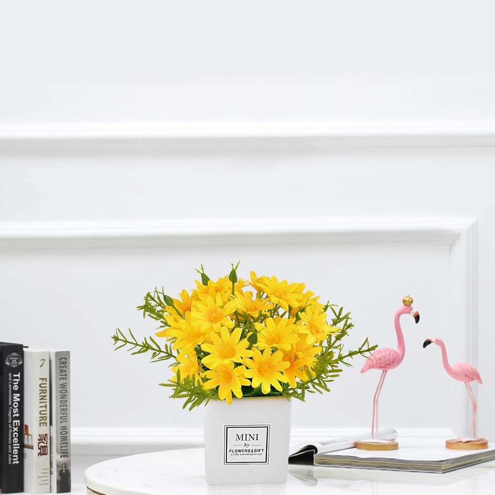 Artificial Flowers, Yellow Daisy Flower with Vase Silky Artificial Daisies Bouquet Fake Plant Bonsai for Home Office Wedding Decoration, Table Centerpieces Arrangement, Windowsill Decor
