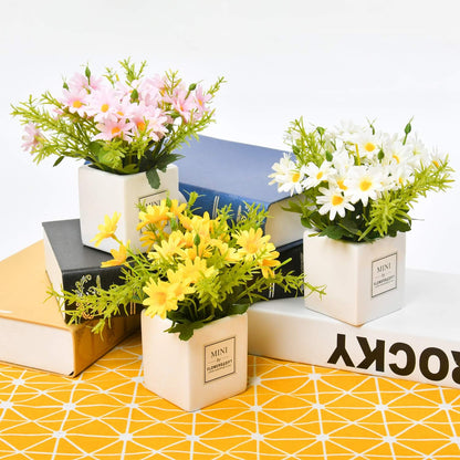 Artificial Flowers, Yellow Daisy Flower with Vase Silky Artificial Daisies Bouquet Fake Plant Bonsai for Home Office Wedding Decoration, Table Centerpieces Arrangement, Windowsill Decor