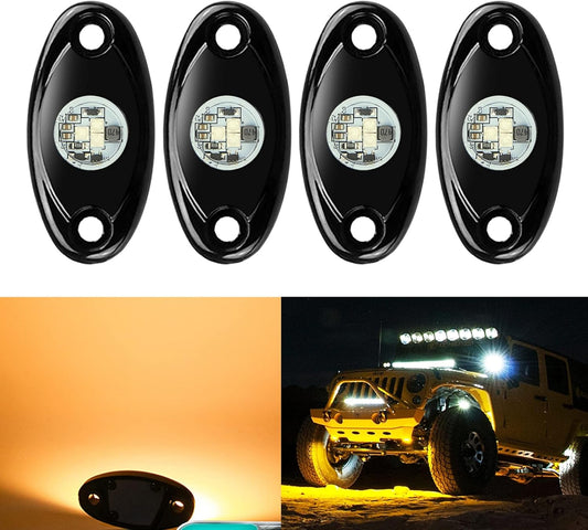 4 Pods LED Rock Lights, Waterproof LED Neon Underglow Light for Car Truck ATV UTV SUV Offroad Boat Underbody Glow Trail Rig Lamp (Yellow)