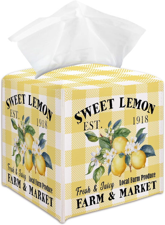 Lemon Decorative Tissue Box Cover Holder, Tissue Box Cover Square Plaid, Housewarming Birthday Gift Ideas for Friends, Home Nightstands Bathroom Table Decor-(5.2 Inches) A16