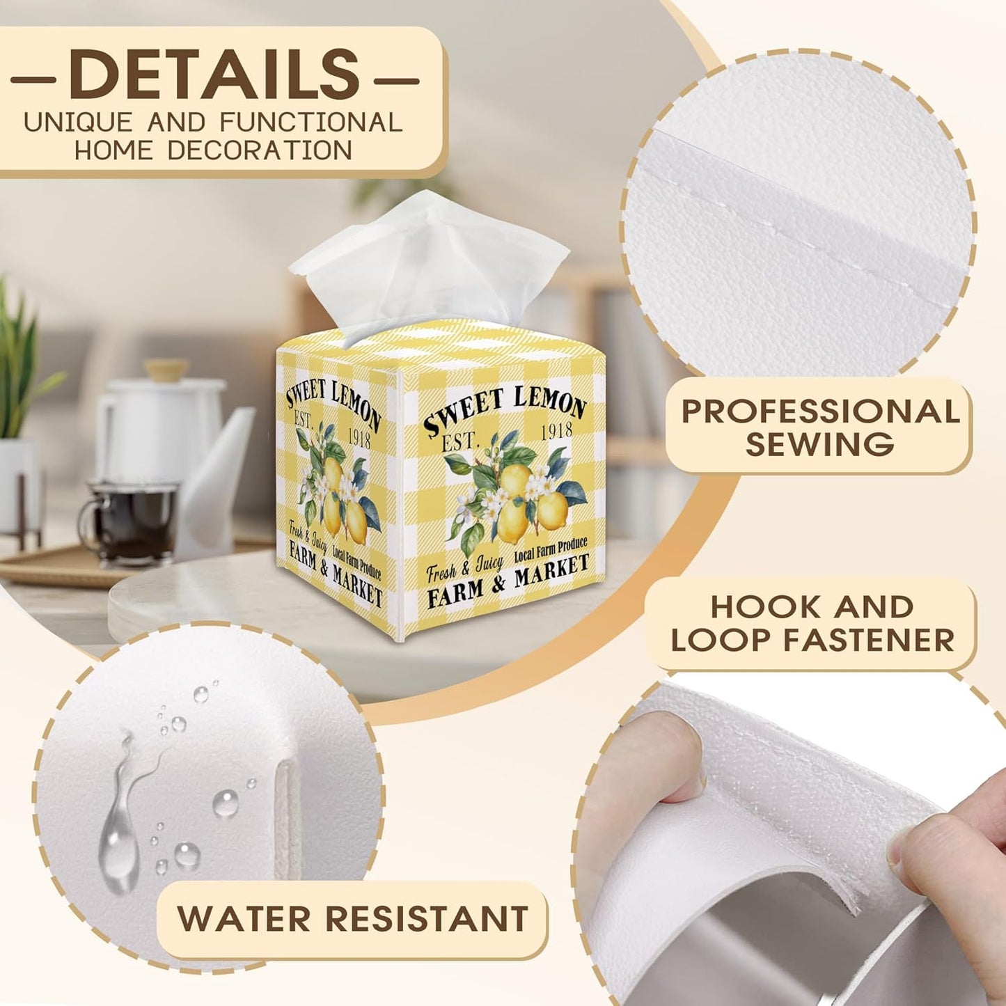 Lemon Decorative Tissue Box Cover Holder, Tissue Box Cover Square Plaid, Housewarming Birthday Gift Ideas for Friends, Home Nightstands Bathroom Table Decor-(5.2 Inches) A16