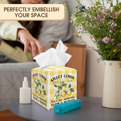 Lemon Decorative Tissue Box Cover Holder, Tissue Box Cover Square Plaid, Housewarming Birthday Gift Ideas for Friends, Home Nightstands Bathroom Table Decor-(5.2 Inches) A16