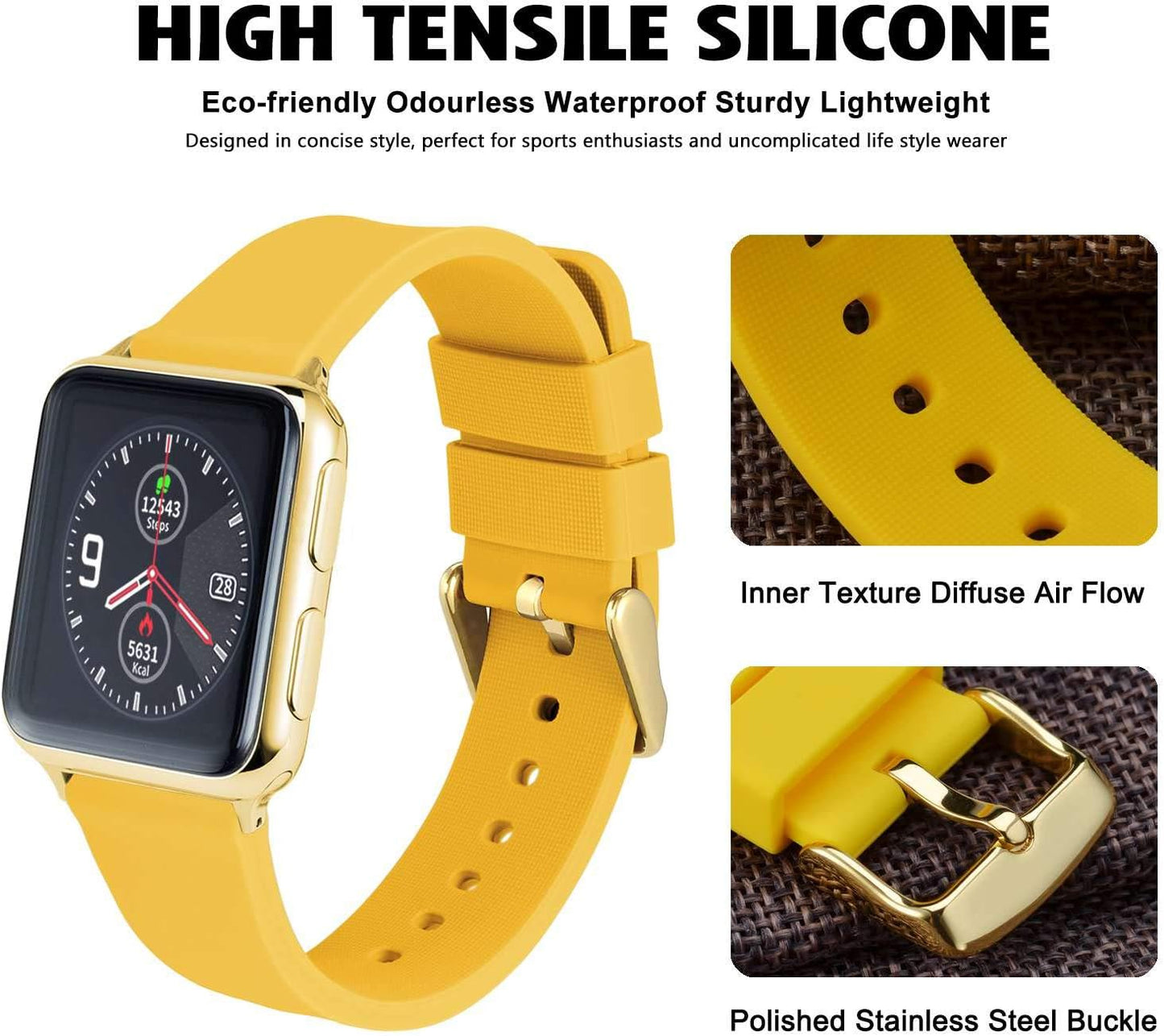 WOCCI 21mm Silicone Watch Band with Gold Buckle, Soft Rubber Replacement Straps with Quick Release (Yellow)