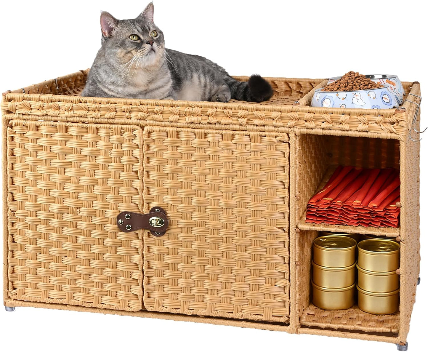 Cat Litter Box Enclosure Furniture, Rattan Litter Box Cover | Handwoven Hidden Litter Cover with Extra Mat and Fence, Large Space Kitty Cabinet Bedroom Living Room Balcony
