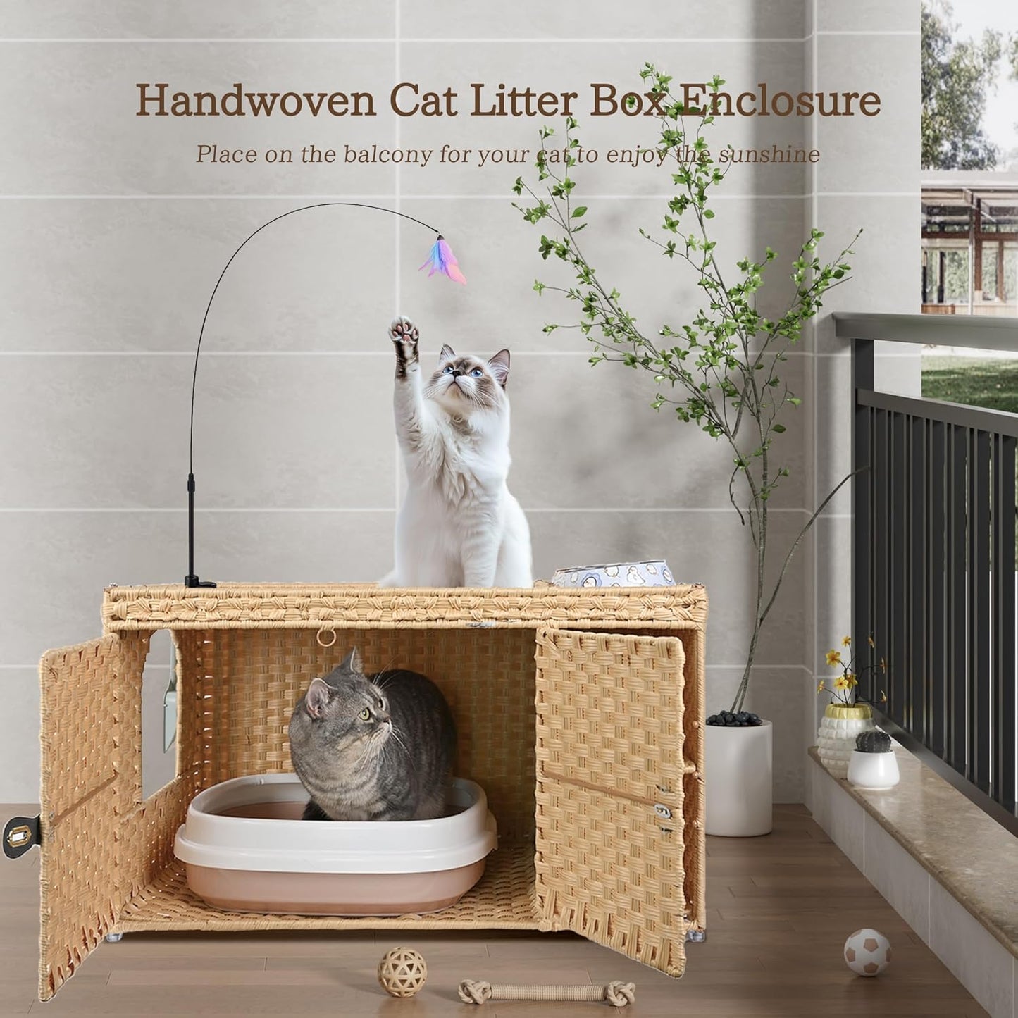 Cat Litter Box Enclosure Furniture, Rattan Litter Box Cover | Handwoven Hidden Litter Cover with Extra Mat and Fence, Large Space Kitty Cabinet Bedroom Living Room Balcony