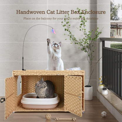 Cat Litter Box Enclosure Furniture, Rattan Litter Box Cover | Handwoven Hidden Litter Cover with Extra Mat and Fence, Large Space Kitty Cabinet Bedroom Living Room Balcony