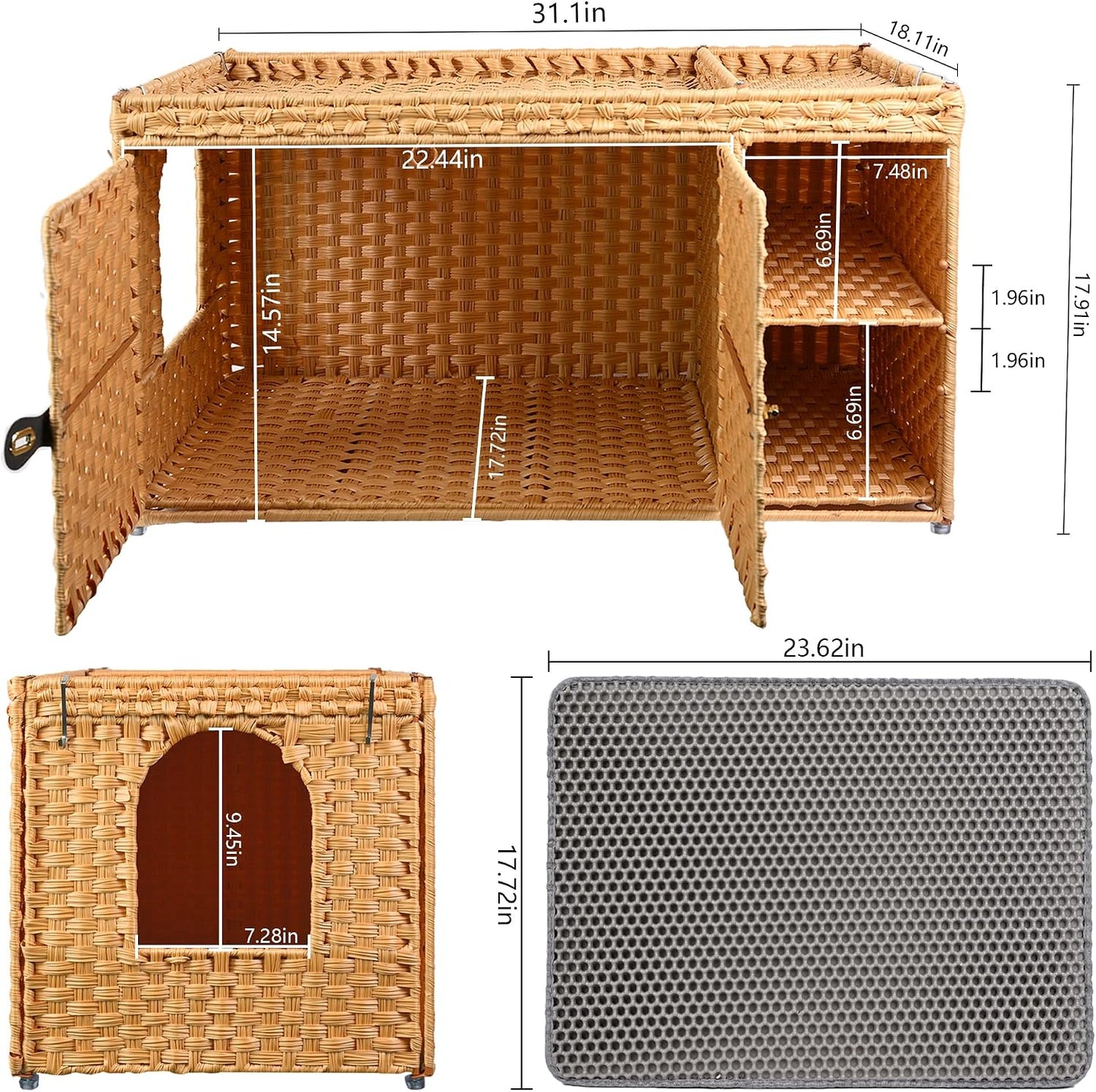 Cat Litter Box Enclosure Furniture, Rattan Litter Box Cover | Handwoven Hidden Litter Cover with Extra Mat and Fence, Large Space Kitty Cabinet Bedroom Living Room Balcony