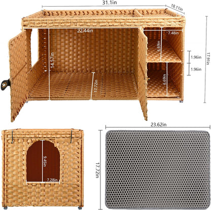 Cat Litter Box Enclosure Furniture, Rattan Litter Box Cover | Handwoven Hidden Litter Cover with Extra Mat and Fence, Large Space Kitty Cabinet Bedroom Living Room Balcony