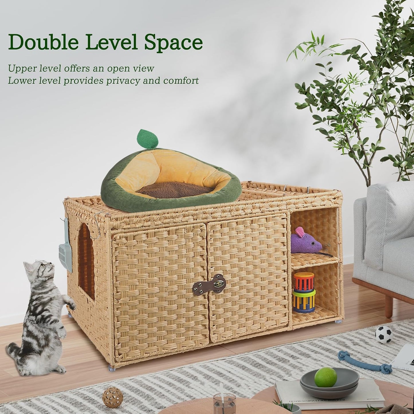 Cat Litter Box Enclosure Furniture, Rattan Litter Box Cover | Handwoven Hidden Litter Cover with Extra Mat and Fence, Large Space Kitty Cabinet Bedroom Living Room Balcony