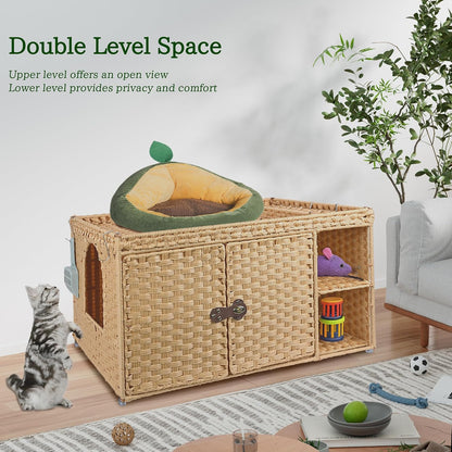 Cat Litter Box Enclosure Furniture, Rattan Litter Box Cover | Handwoven Hidden Litter Cover with Extra Mat and Fence, Large Space Kitty Cabinet Bedroom Living Room Balcony