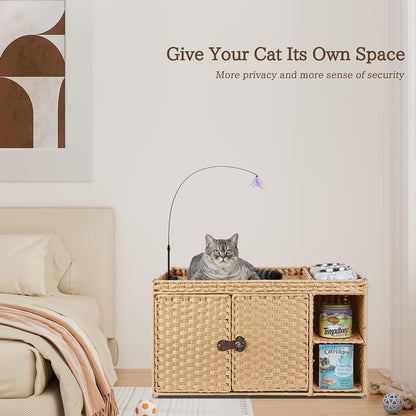 Cat Litter Box Enclosure Furniture, Rattan Litter Box Cover | Handwoven Hidden Litter Cover with Extra Mat and Fence, Large Space Kitty Cabinet Bedroom Living Room Balcony