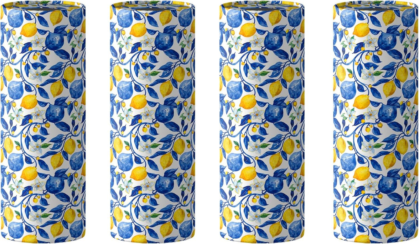 4 Pcs Capri Lemon Round Tissues Box Car Holder Set - Blue & White Mediterranean Lemon Travel Tubes for Car with 50 Sheets Cylinder Face Towel Containers | 2.7" x 7.1" Cup Holder Fit