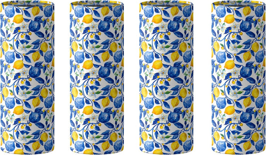 4 Pcs Capri Lemon Round Tissues Box Car Holder Set - Blue & White Mediterranean Lemon Travel Tubes for Car with 50 Sheets Cylinder Face Towel Containers | 2.7" x 7.1" Cup Holder Fit