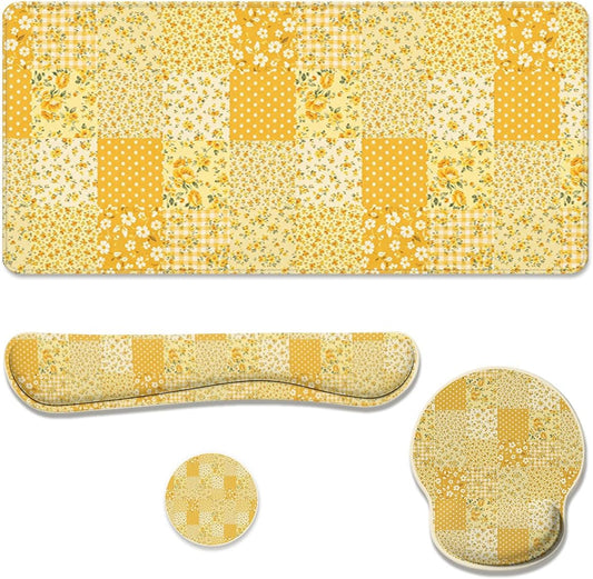 Yellow Floral Desk Mat Set Cottage Patchwork Large Mouse Pad with Wrist Rest 4in1 Desk Mat for Desktop Ergonomic Keyboard Wrist Support Anti-Slip Computer Ergonomic Mouse Pad Home Office Gaming