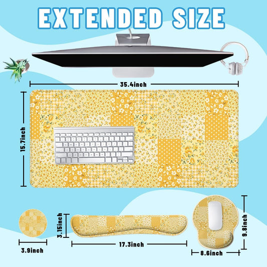 Yellow Floral Desk Mat Set Cottage Patchwork Large Mouse Pad with Wrist Rest 4in1 Desk Mat for Desktop Ergonomic Keyboard Wrist Support Anti-Slip Computer Ergonomic Mouse Pad Home Office Gaming