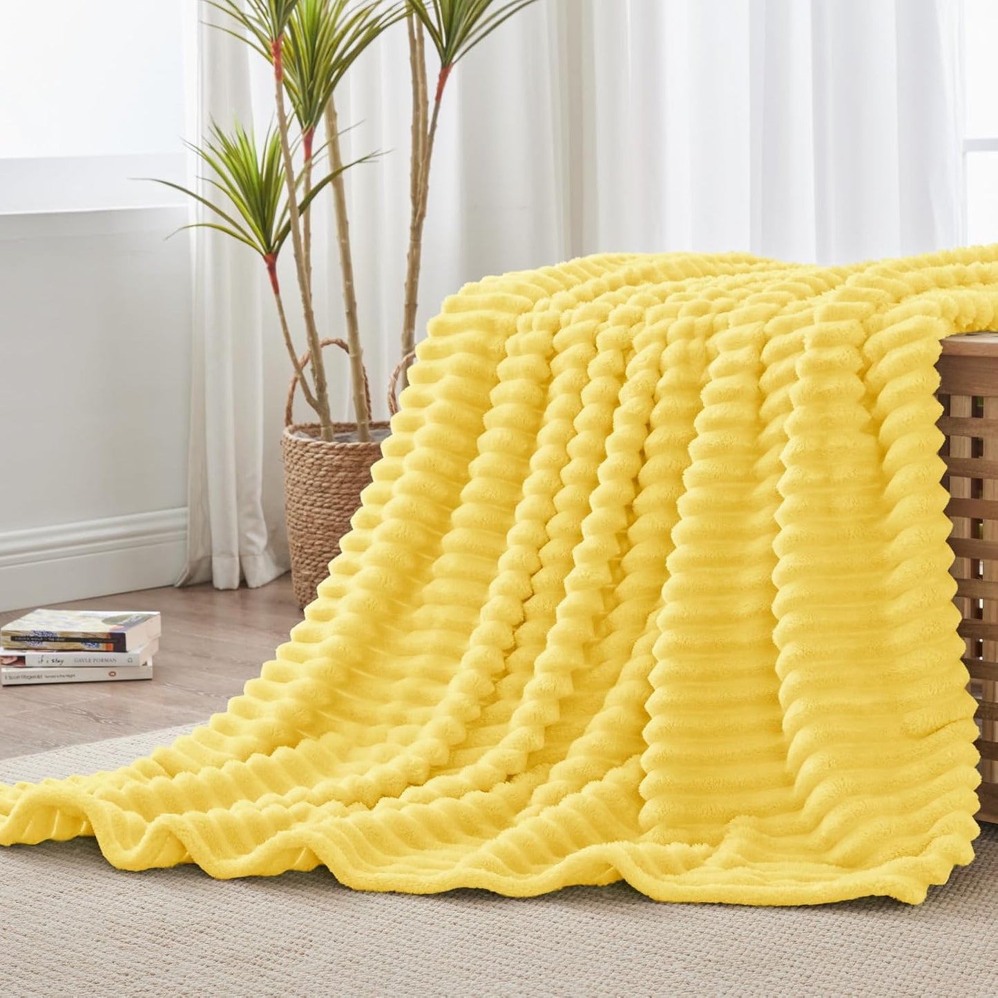 Ribbed Twin Blanket for Couch & Bed, Custard Yellow, 60"x80" | Ultra-Soft Plush Fleece, Cozy, Warm Yet Lightweight, Ribbed Texture, Home Decor, Machine Washable, Giftable, All-Season Use