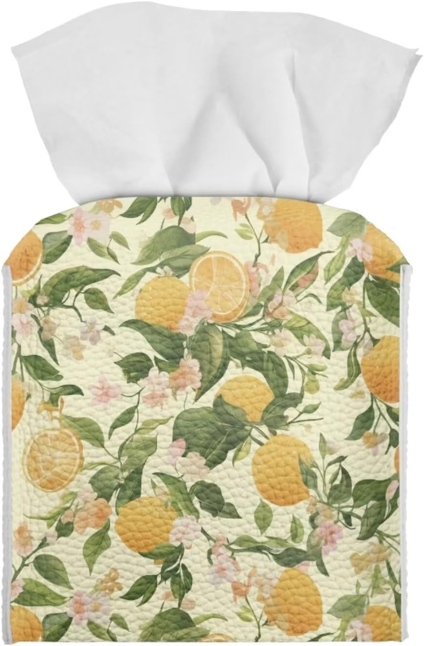 Facial Tissue Box Holder PU Leather Modern Cube Tissue Case Table Napkin Organizer for Living Room, Kitchen, Office, Car, Outdoor Tent Home Indoor Decoration, Lemon Pattern