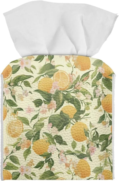 Facial Tissue Box Holder PU Leather Modern Cube Tissue Case Table Napkin Organizer for Living Room, Kitchen, Office, Car, Outdoor Tent Home Indoor Decoration, Lemon Pattern