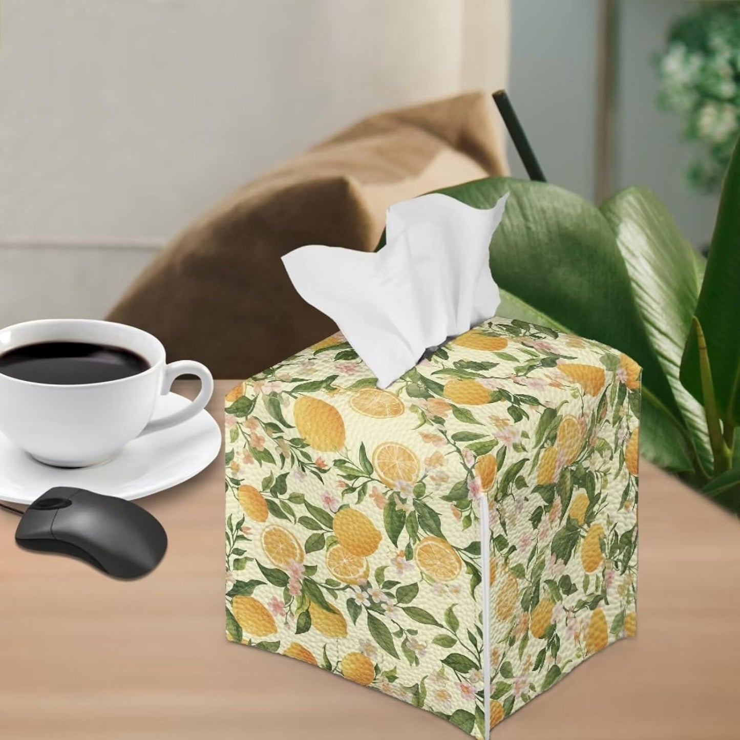 Facial Tissue Box Holder PU Leather Modern Cube Tissue Case Table Napkin Organizer for Living Room, Kitchen, Office, Car, Outdoor Tent Home Indoor Decoration, Lemon Pattern