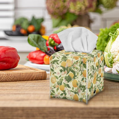 Facial Tissue Box Holder PU Leather Modern Cube Tissue Case Table Napkin Organizer for Living Room, Kitchen, Office, Car, Outdoor Tent Home Indoor Decoration, Lemon Pattern