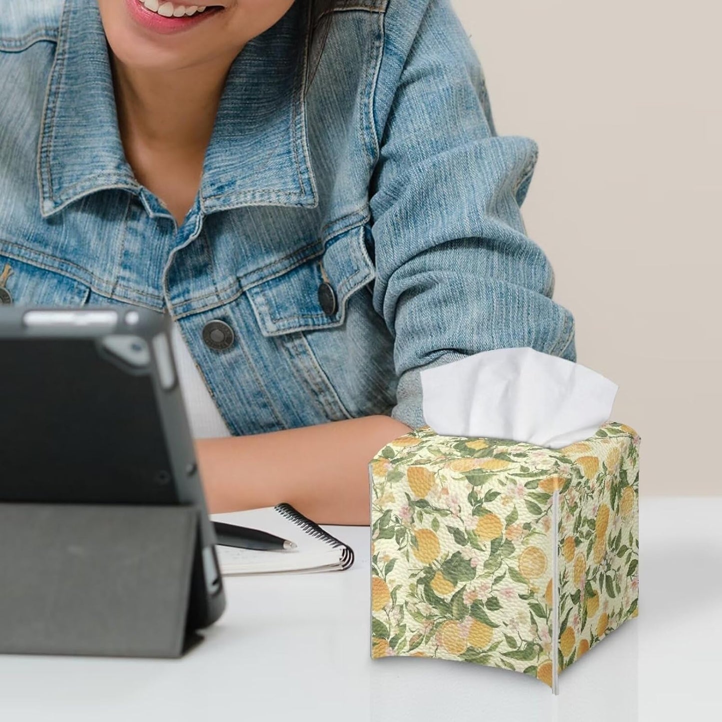 Facial Tissue Box Holder PU Leather Modern Cube Tissue Case Table Napkin Organizer for Living Room, Kitchen, Office, Car, Outdoor Tent Home Indoor Decoration, Lemon Pattern