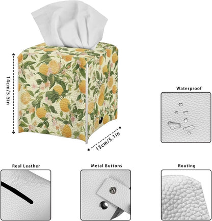 Facial Tissue Box Holder PU Leather Modern Cube Tissue Case Table Napkin Organizer for Living Room, Kitchen, Office, Car, Outdoor Tent Home Indoor Decoration, Lemon Pattern