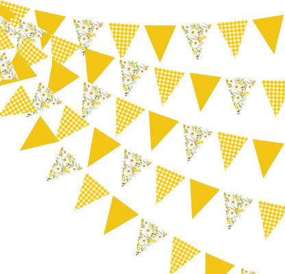 44Ft Daisy Party Decoration Yellow Buffalo Plaid Floral Daisy Banner Bunting Hanging Paper Triangle Garland for Spring Birthday Wedding Bridal Shower Engagement Bachelorette Baby Shower Party Supplies