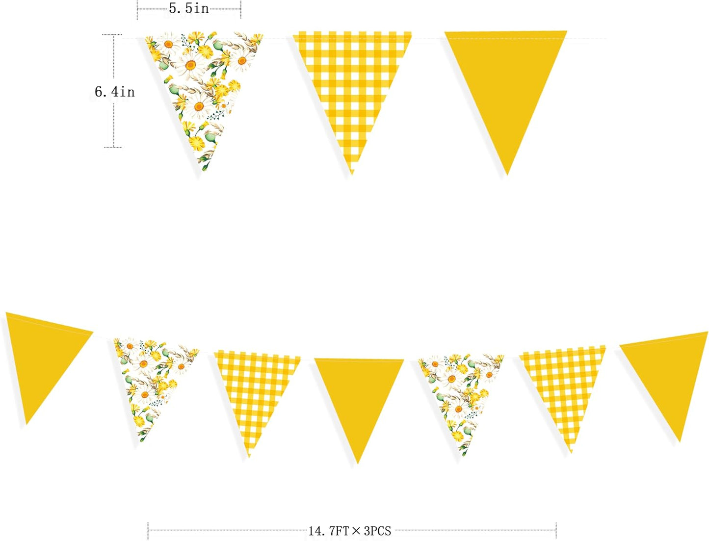 44Ft Daisy Party Decoration Yellow Buffalo Plaid Floral Daisy Banner Bunting Hanging Paper Triangle Garland for Spring Birthday Wedding Bridal Shower Engagement Bachelorette Baby Shower Party Supplies