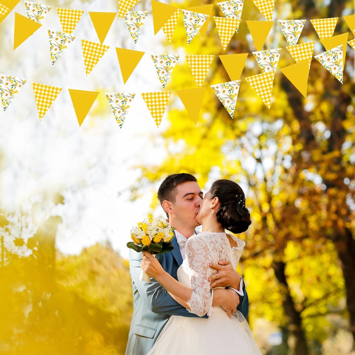 44Ft Daisy Party Decoration Yellow Buffalo Plaid Floral Daisy Banner Bunting Hanging Paper Triangle Garland for Spring Birthday Wedding Bridal Shower Engagement Bachelorette Baby Shower Party Supplies