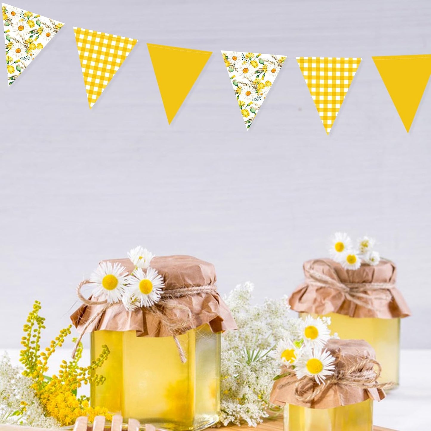 44Ft Daisy Party Decoration Yellow Buffalo Plaid Floral Daisy Banner Bunting Hanging Paper Triangle Garland for Spring Birthday Wedding Bridal Shower Engagement Bachelorette Baby Shower Party Supplies