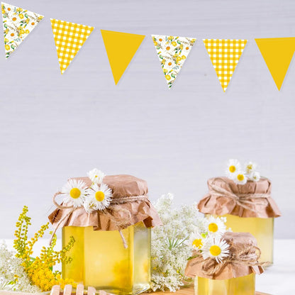 44Ft Daisy Party Decoration Yellow Buffalo Plaid Floral Daisy Banner Bunting Hanging Paper Triangle Garland for Spring Birthday Wedding Bridal Shower Engagement Bachelorette Baby Shower Party Supplies