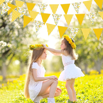 44Ft Daisy Party Decoration Yellow Buffalo Plaid Floral Daisy Banner Bunting Hanging Paper Triangle Garland for Spring Birthday Wedding Bridal Shower Engagement Bachelorette Baby Shower Party Supplies