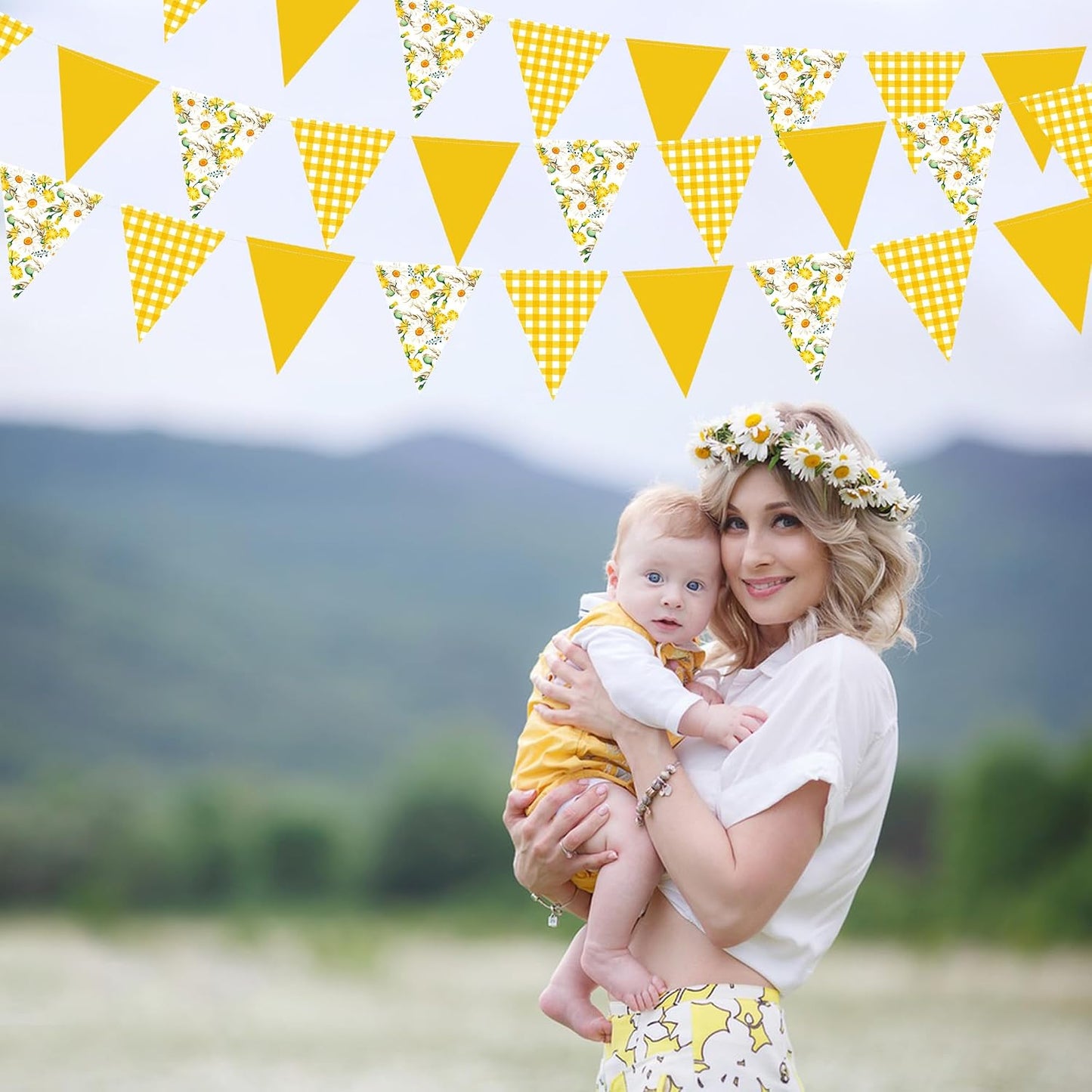44Ft Daisy Party Decoration Yellow Buffalo Plaid Floral Daisy Banner Bunting Hanging Paper Triangle Garland for Spring Birthday Wedding Bridal Shower Engagement Bachelorette Baby Shower Party Supplies