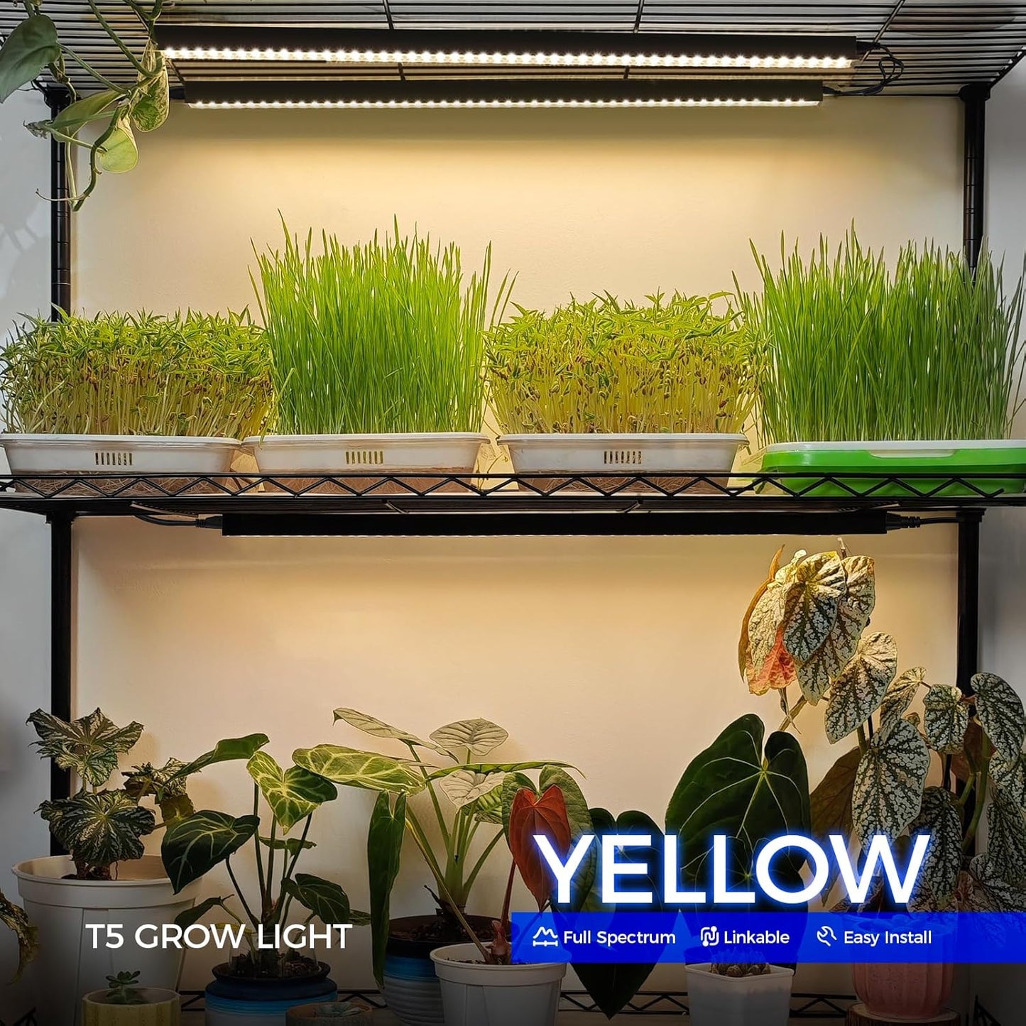 T5 Grow Lights for Indoor Plants, 2FT 40W (4 X 10W) Magnetic Installation, Full Spectrum Grow Light Strip with Individual Switch, Grow Lamp with Black Cover, Plug and Play, Yellow, 4 Packs
