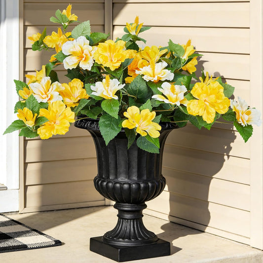 for Outdoors Indoors,2 Bunches Fake Hibiscus with Realistic UV Resistant Silk Flower Fabric Leaves,Faux Plants Outside for Home Patio Garden Yard Poch Decor(Yellow,White)