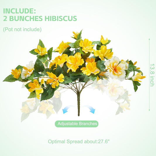for Outdoors Indoors,2 Bunches Fake Hibiscus with Realistic UV Resistant Silk Flower Fabric Leaves,Faux Plants Outside for Home Patio Garden Yard Poch Decor(Yellow,White)